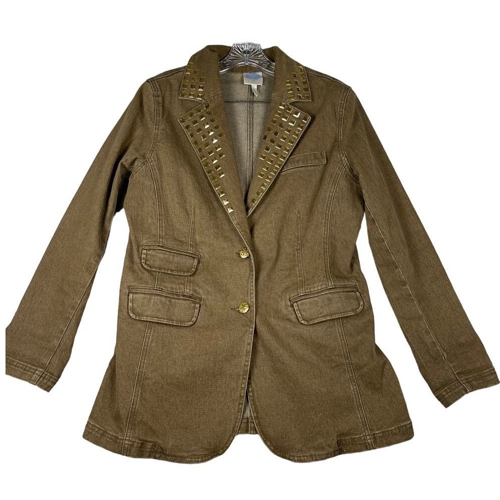 Diane Gilman Studded‎ Blazer M Brown Denim Military Jacket Mob Wife Western Glam